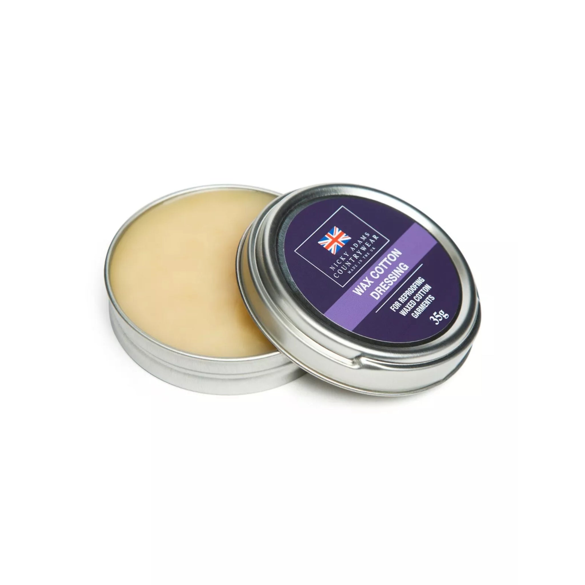Nicky Adams Countrywear Wax Cotton Dressing ā 35g tin of reproofing wax for waterproofing and restoring waxed jackets and hats